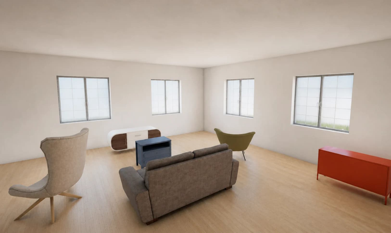 Fotorealistyczna wizualizacja wnętrza salonu z sofą i fotelami, wygenerowana z projektu naszprojekt.com